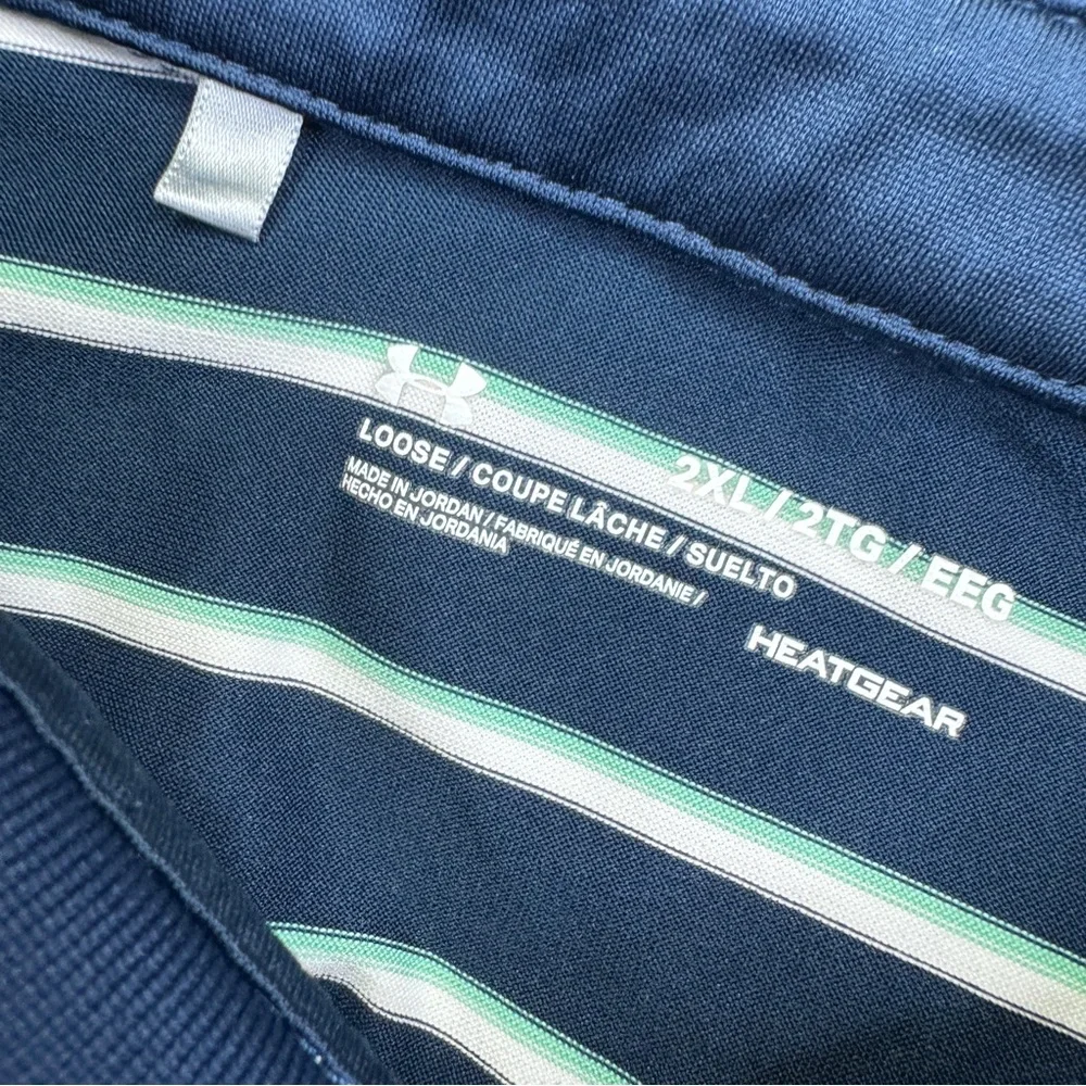 Under Armour Blue White Green Striped Polo Shirt Mens Size 2XL Heatgear - Picture 10 of 10